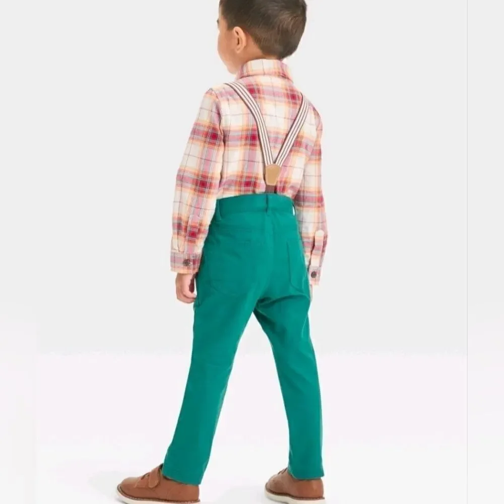 Cat & Jack Toddler Boys' Plaid Button-Down Shirt and Suspender Pants 3pc set